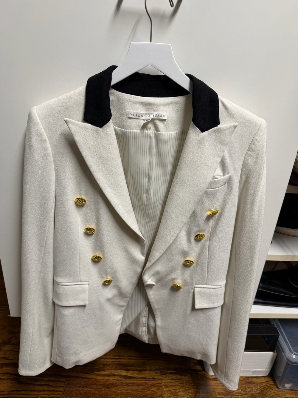 Veronica Beard Cream Double-Breasted Blazer with Black Collar and Gold Buttons